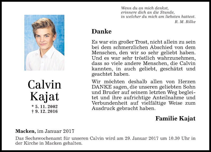  Traueranzeige für Calvin Kajat vom 26.01.2017 aus Rhein-Zeitung