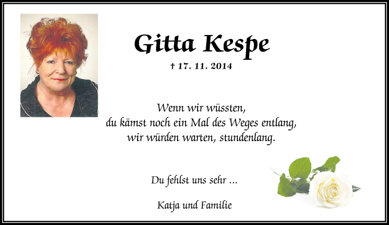  Traueranzeige für Gitta Kespe vom 17.11.2017 aus Westerwälder Zeitung