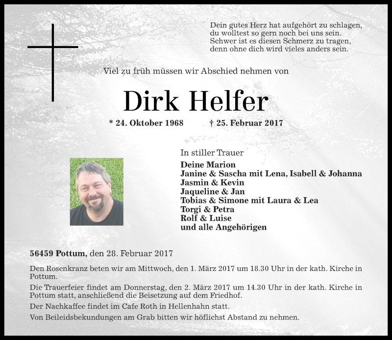  Traueranzeige für Dirk Helfer vom 28.02.2017 aus Westerwälder Zeitung