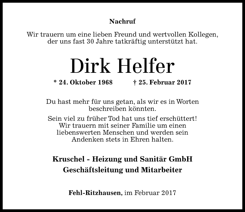  Traueranzeige für Dirk Helfer vom 28.02.2017 aus Westerwälder Zeitung