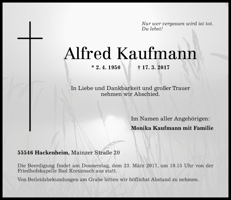  Traueranzeige für Alfred Kaufmann vom 21.03.2017 aus Oeffentlicher Anzeiger