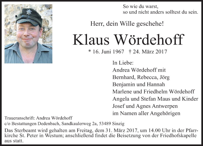  Traueranzeige für Klaus Wördehoff vom 28.03.2017 aus Rhein-Zeitung