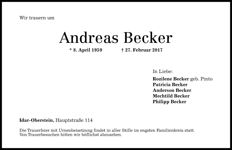  Traueranzeige für Andreas Becker vom 03.03.2017 aus Nahe-Zeitung