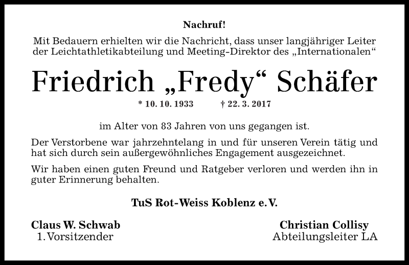  Traueranzeige für Fredy Schäfer vom 25.03.2017 aus Rhein-Zeitung