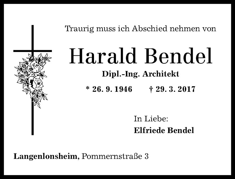  Traueranzeige für Harald Bendel vom 05.04.2017 aus Oeffentlicher Anzeiger