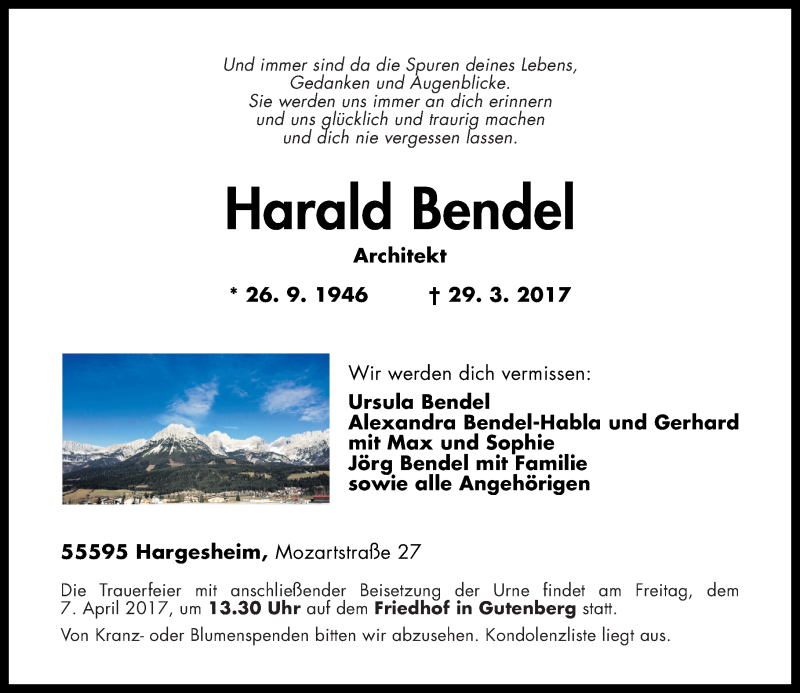  Traueranzeige für Harald Bendel vom 04.04.2017 aus Oeffentlicher Anzeiger