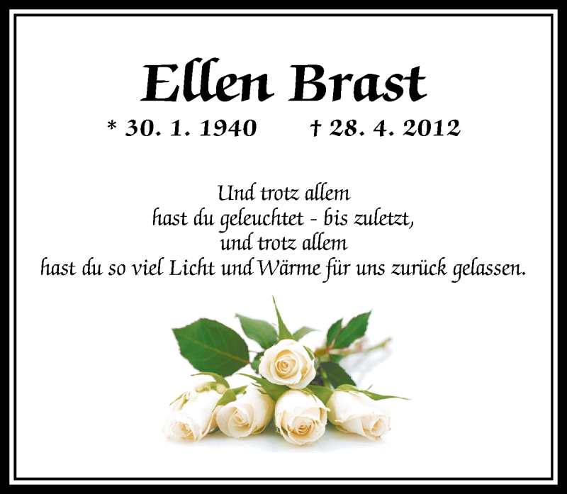  Traueranzeige für Ellen Brast vom 28.04.2016 aus Westerwälder Zeitung