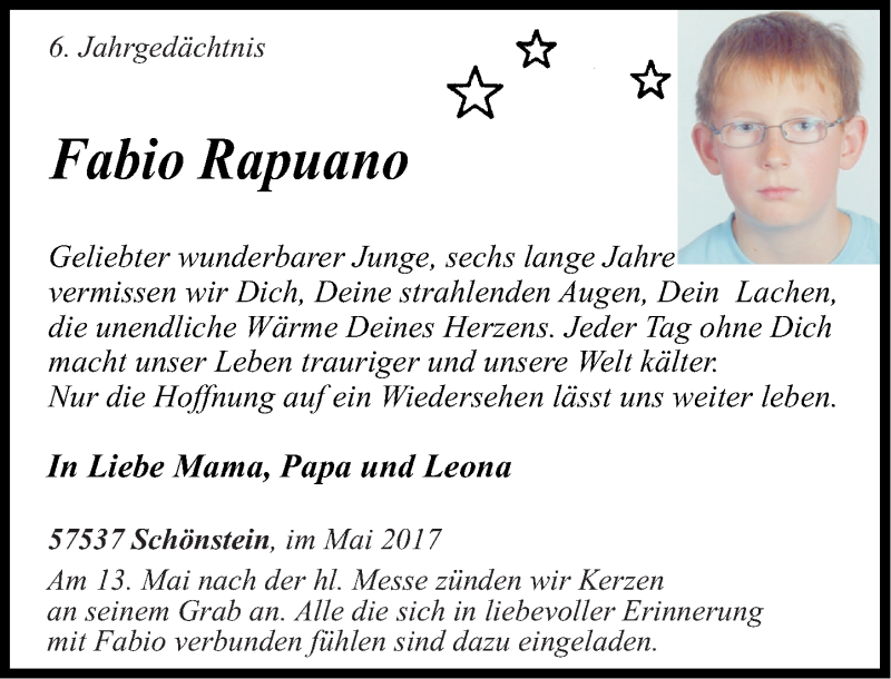  Traueranzeige für Fabio Rapuano vom 10.05.2017 aus Rhein-Zeitung
