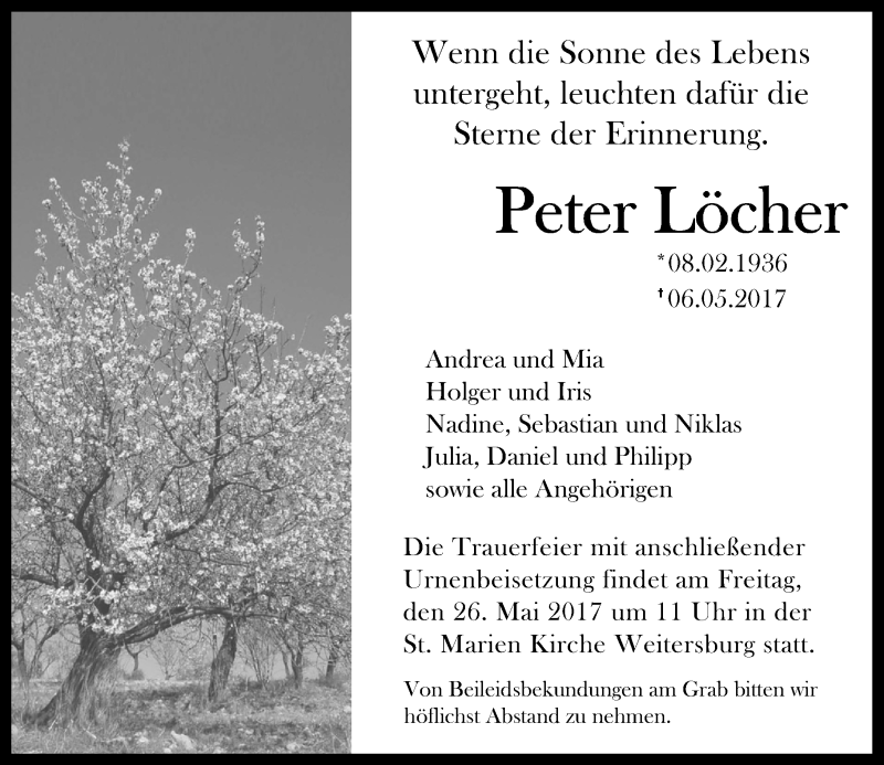 Traueranzeige für Peter Löcher vom 20.05.2017 aus Rhein-Zeitung
