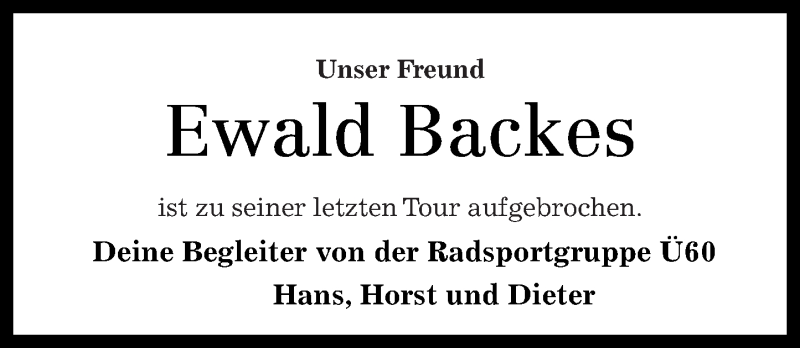 Traueranzeige für Ewald Backes vom 03.05.2017 aus Nahe-Zeitung