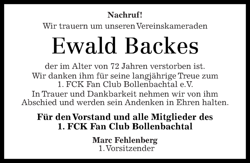  Traueranzeige für Ewald Backes vom 05.05.2017 aus Nahe-Zeitung