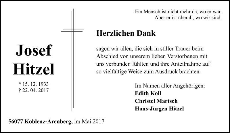  Traueranzeige für Josef Hitzel vom 27.05.2017 aus Rhein-Zeitung