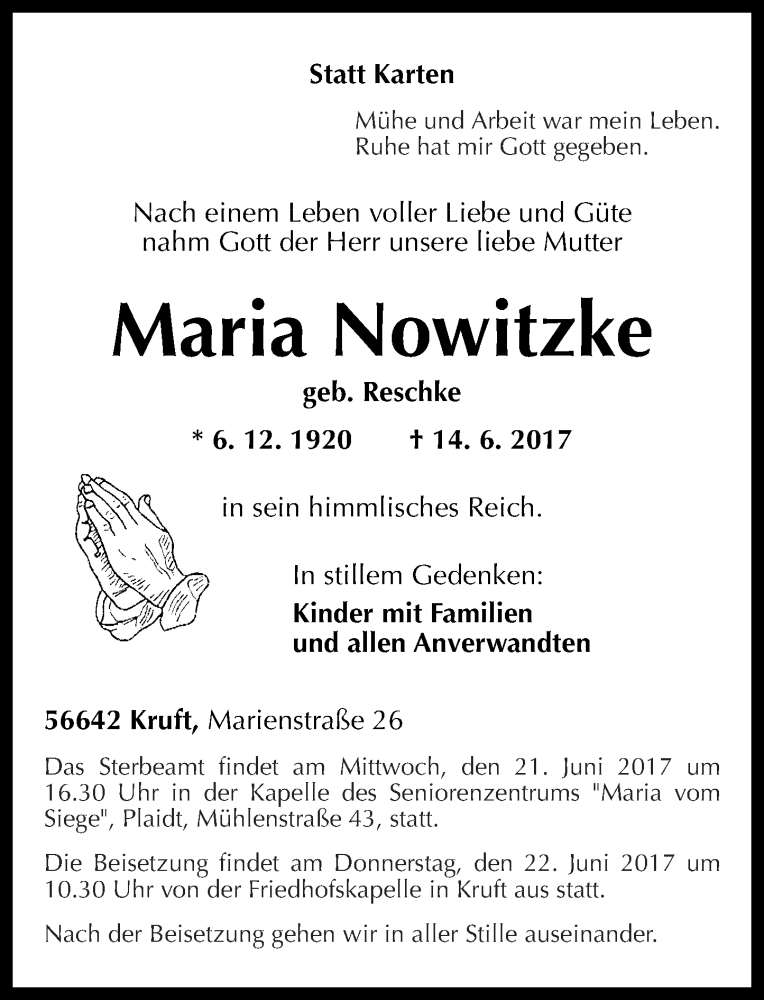  Traueranzeige für Maria Nowitzke vom 19.06.2017 aus Rhein-Zeitung