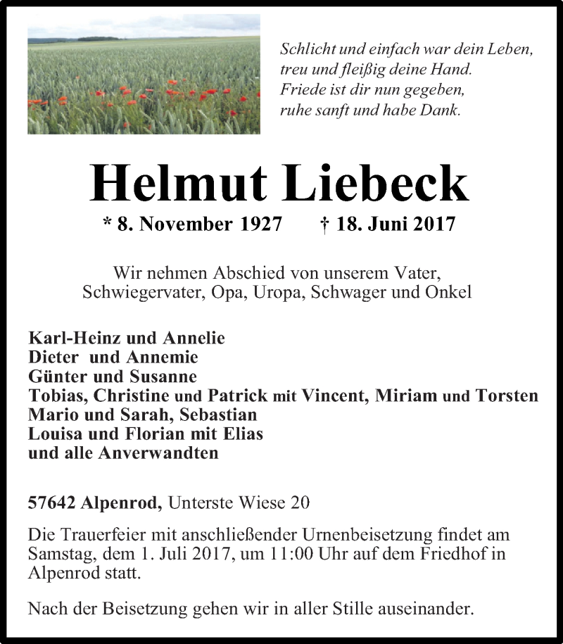  Traueranzeige für Helmut Liebeck vom 28.06.2017 aus Rhein-Zeitung