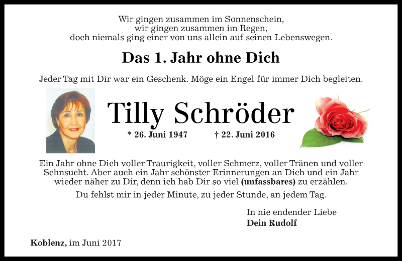  Traueranzeige für Tilly Schröder vom 24.06.2017 aus Rhein-Zeitung