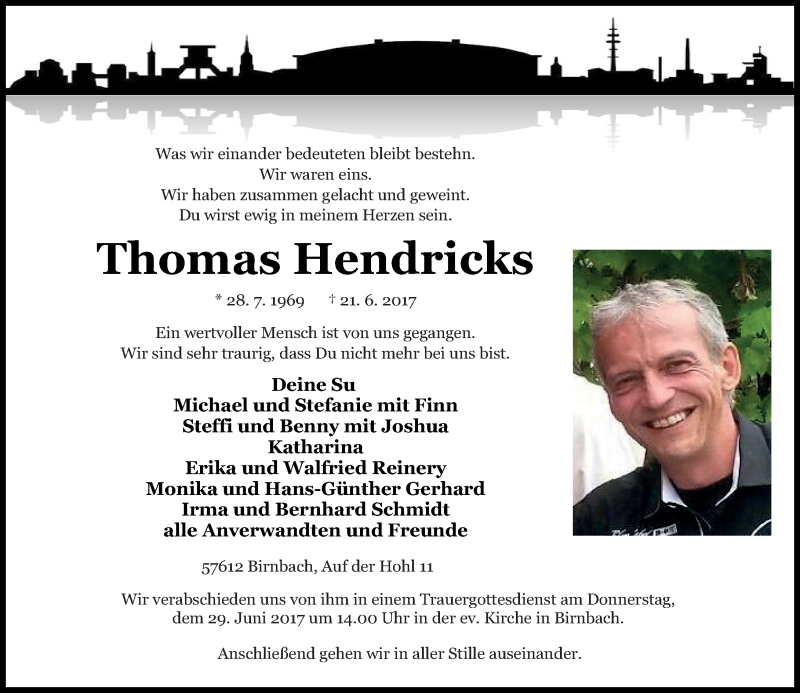  Traueranzeige für Thomas Hendricks vom 26.06.2017 aus Rhein-Zeitung