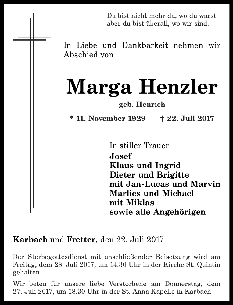  Traueranzeige für Marga Henzler vom 25.07.2017 aus Rhein-Hunsrück-Zeitung