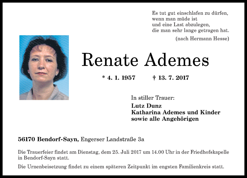  Traueranzeige für Renate Ademes vom 22.07.2017 aus Rhein-Zeitung