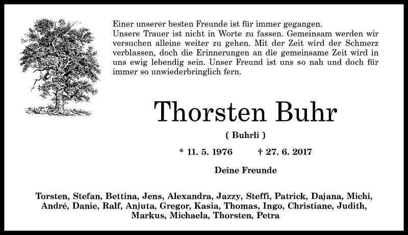  Traueranzeige für Thorsten Buhr vom 06.07.2017 aus Westerwälder Zeitung