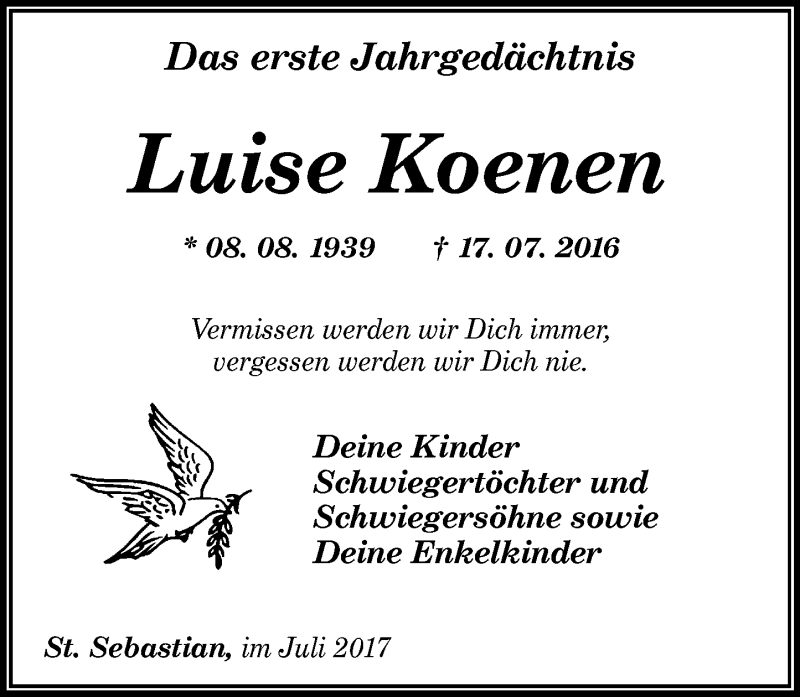  Traueranzeige für Luise Koenen vom 17.07.2017 aus Rhein-Zeitung