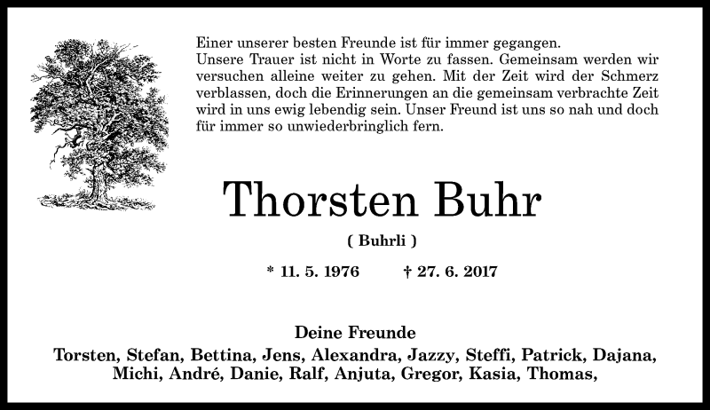  Traueranzeige für Thorsten Buhr vom 04.07.2017 aus Westerwälder Zeitung