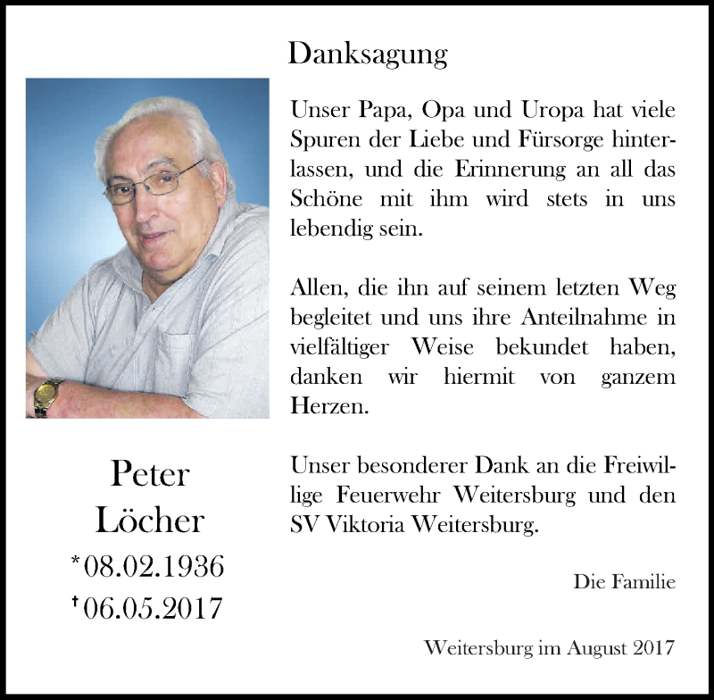  Traueranzeige für Peter Löcher vom 12.08.2017 aus Rhein-Zeitung