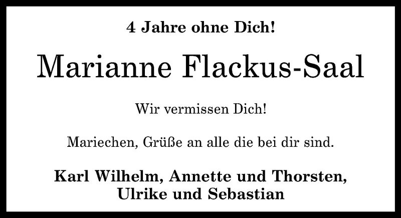  Traueranzeige für Marianne Flackus-Saal vom 21.04.2018 aus Rhein-Zeitung