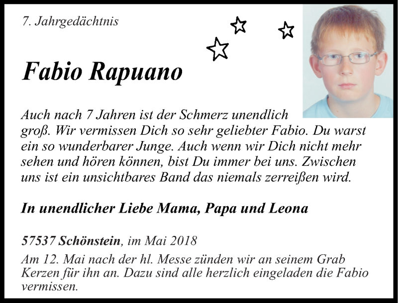  Traueranzeige für Fabio Rapuano vom 09.05.2018 aus Rhein-Zeitung