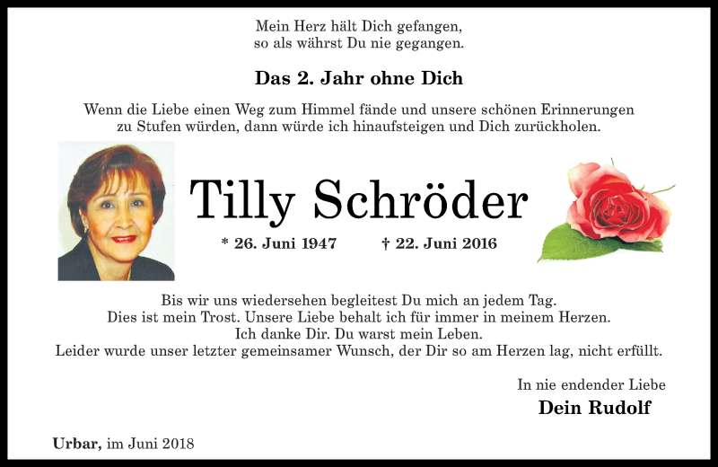  Traueranzeige für Tilly Schröder vom 23.06.2018 aus Rhein-Zeitung