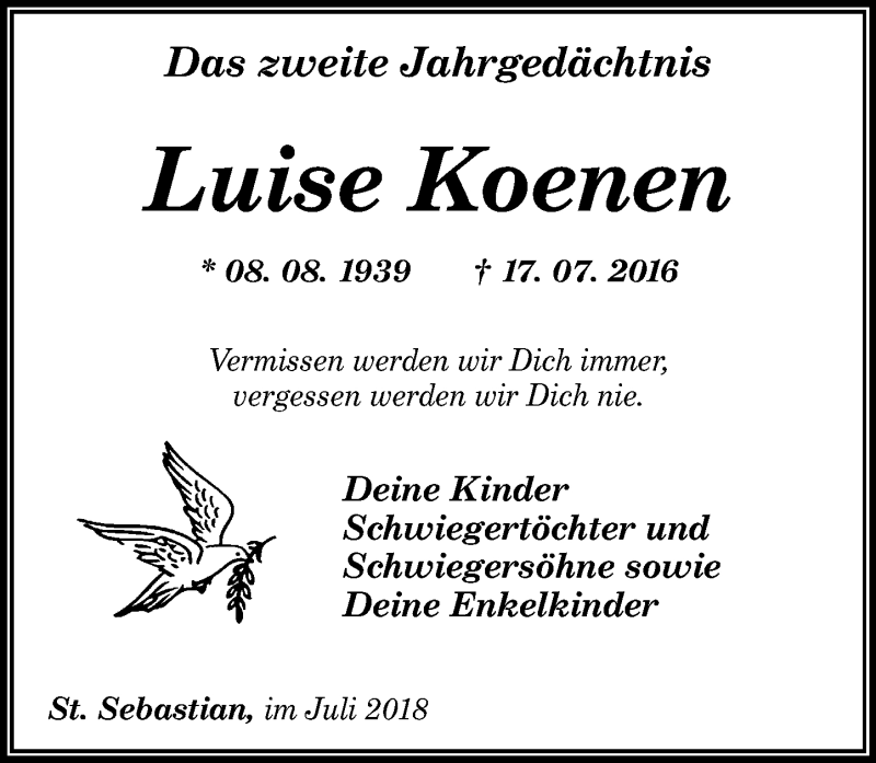  Traueranzeige für Luise Koenen vom 17.07.2018 aus Rhein-Zeitung