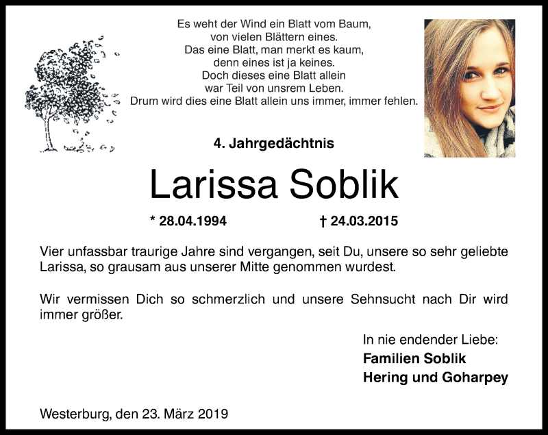  Traueranzeige für Larissa Soblik vom 23.03.2019 aus Westerwälder Zeitung