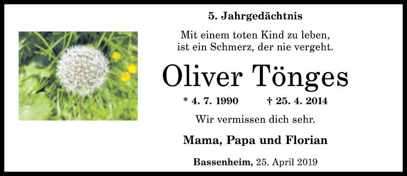  Traueranzeige für Oliver Tönges vom 27.04.2019 aus Rhein-Zeitung