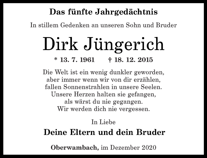  Traueranzeige für Dirk Jüngerich vom 18.12.2020 aus Rhein-Zeitung