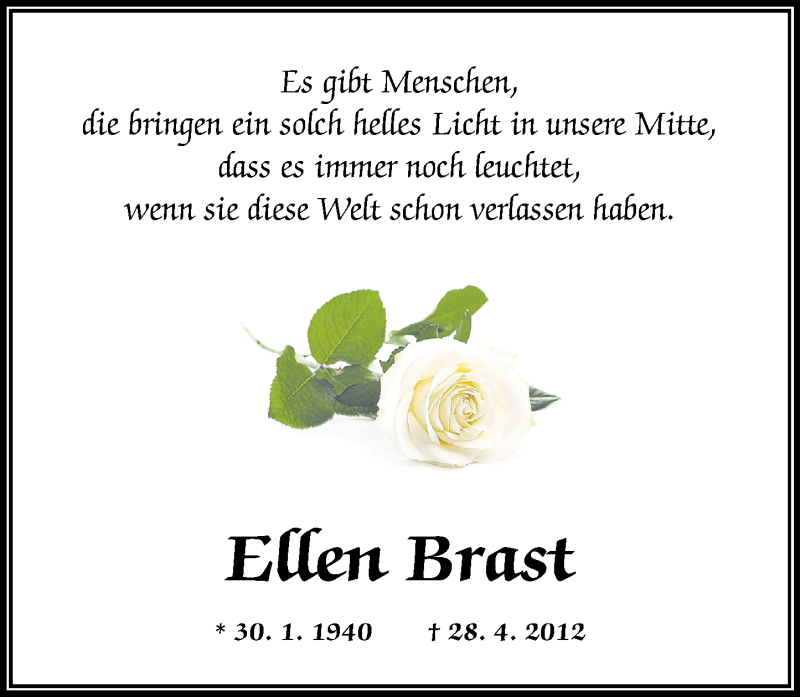  Traueranzeige für Ellen Brast vom 28.04.2020 aus Westerwälder Zeitung