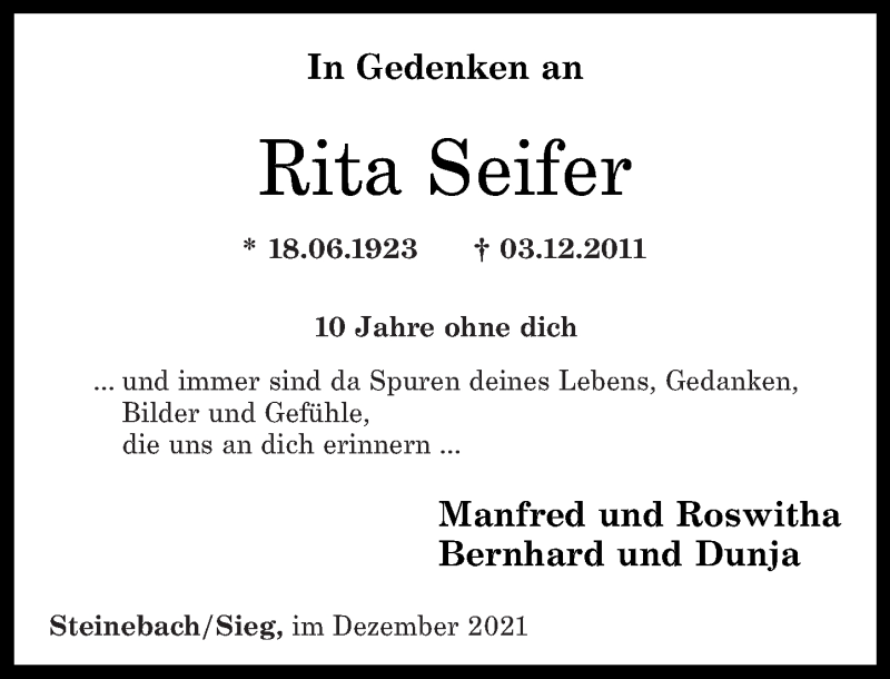  Traueranzeige für Rita Seifer vom 03.12.2021 aus Rhein-Zeitung