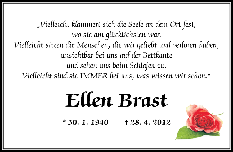  Traueranzeige für Ellen Brast vom 28.04.2022 aus Westerwälder Zeitung