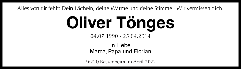  Traueranzeige für Oliver Tönges vom 23.04.2022 aus Rhein-Zeitung