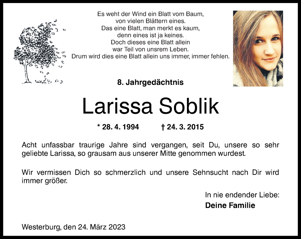  Traueranzeige für Larissa Soblik vom 24.03.2023 aus Westerwälder Zeitung