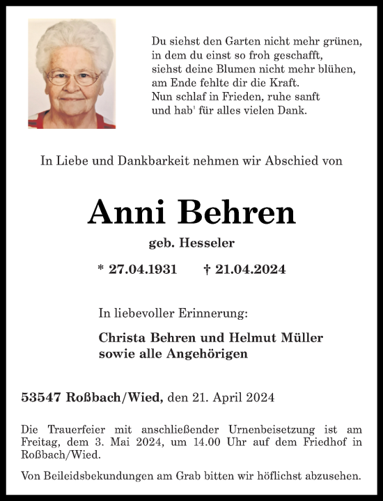 Traueranzeige von Anni Behren von Rhein-Zeitung