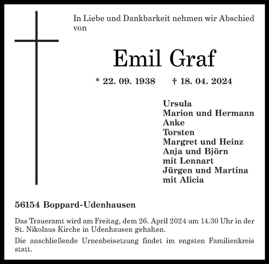 Traueranzeige von Emil Graf von Rhein-Zeitung, Rhein-Hunsrück-Zeitung