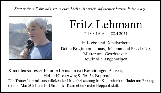 Traueranzeige von Fritz Lehmann von Rhein-Hunsrück-Zeitung