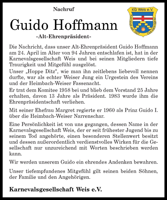Traueranzeige von Guido Hoffmann von Rhein-Zeitung