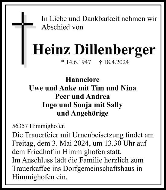 Traueranzeige von Heinz Dillenberger von Rhein-Lahn-Zeitung