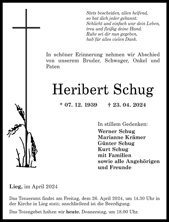 Traueranzeige von Heribert Schug von Rhein-Zeitung