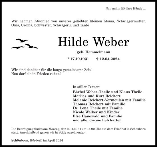 Traueranzeige von Hilde Weber von Rhein-Lahn-Zeitung