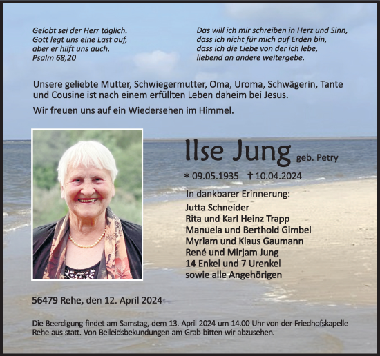 Traueranzeige von Ilse Jung von Westerwälder Zeitung