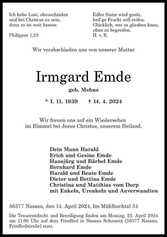 Traueranzeige von Irmgard Emde von Rhein-Lahn-Zeitung