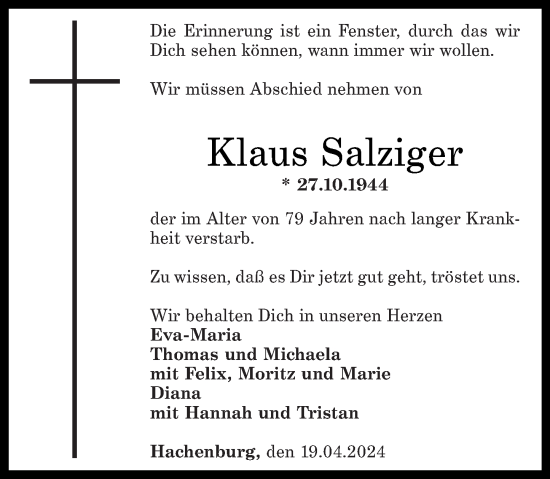 Traueranzeige von Klaus Salziger von Westerwälder Zeitung