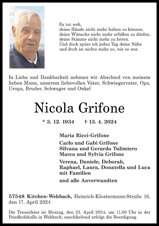 Traueranzeige von Nicola Grifone von Rhein-Zeitung