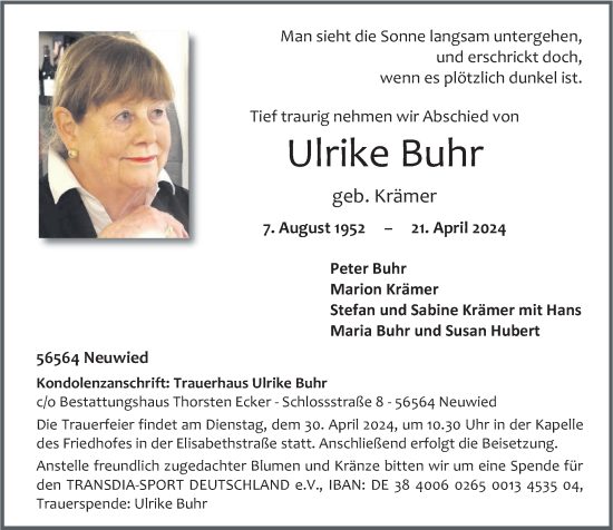 Traueranzeige von Ulrike Buhr von Rhein-Zeitung
